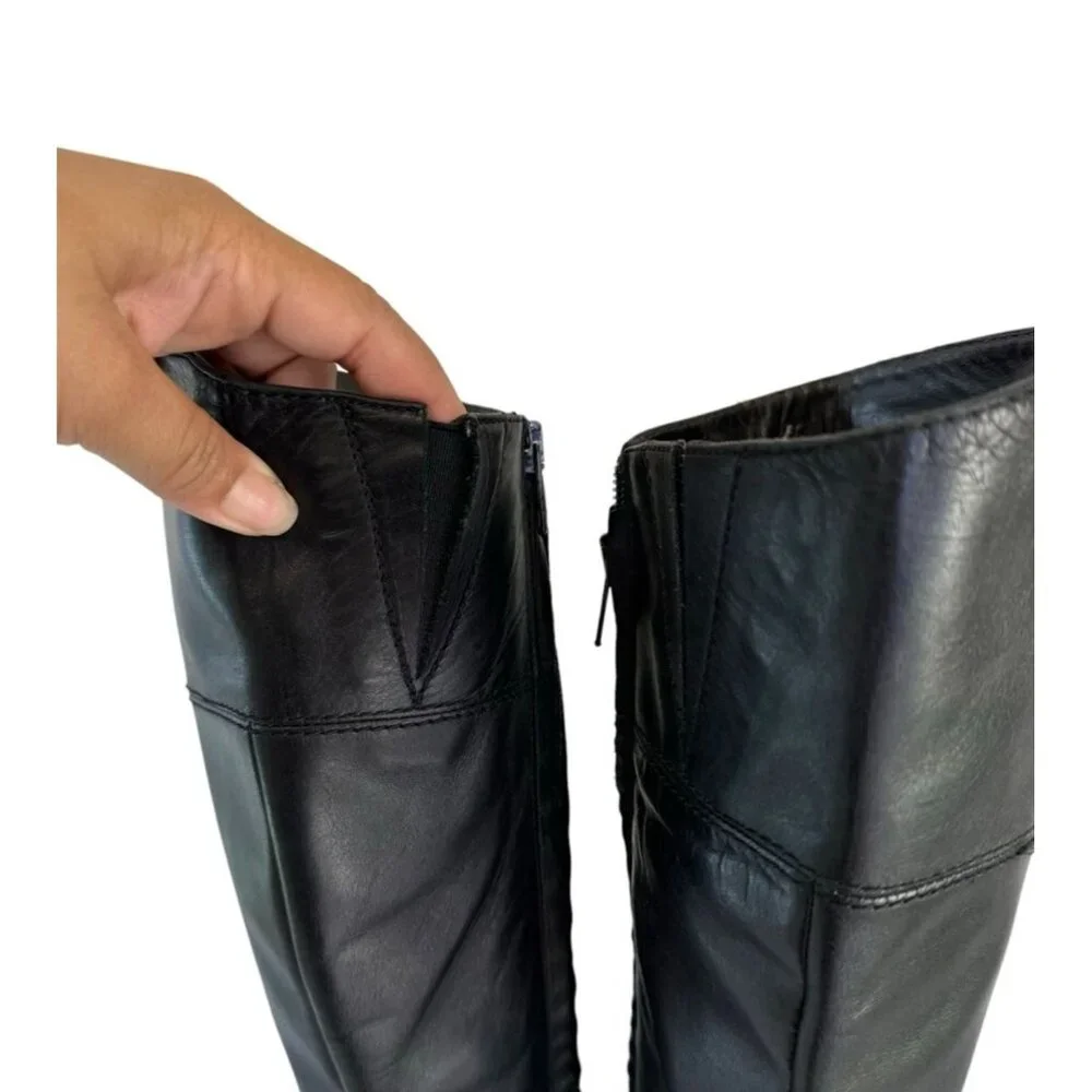 Vintage Galo Italy Womens Black Leather Knee High Riding Boots Low Heel EU 38.5